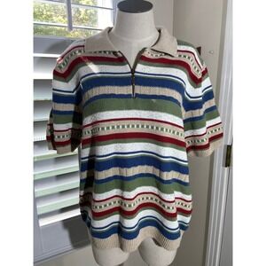 Vintage Alfred Dunner Knit Polo Large Multicolor Striped Quarter Zip 90's Retro